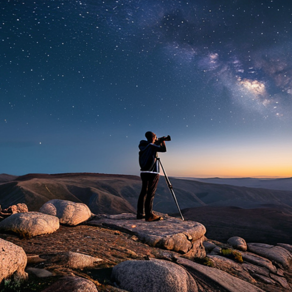 A contemplative adult person, fully clothed in modest, layered outdoor attire, stands with a tripod and binoculars on a rocky outcrop at Sunset Point. The scene is illuminated by the soft glow of a vast, star-filled night sky, showcasing the Milky Way. The atmosphere is peaceful and serene, with perfect anatomy, correct proportions, and natural pose. Well-formed hands, proper finger count, and natural body proportions are visible. A professional, high-quality photograph, safe for work, appropriate content, fully clothed, family-friendly.