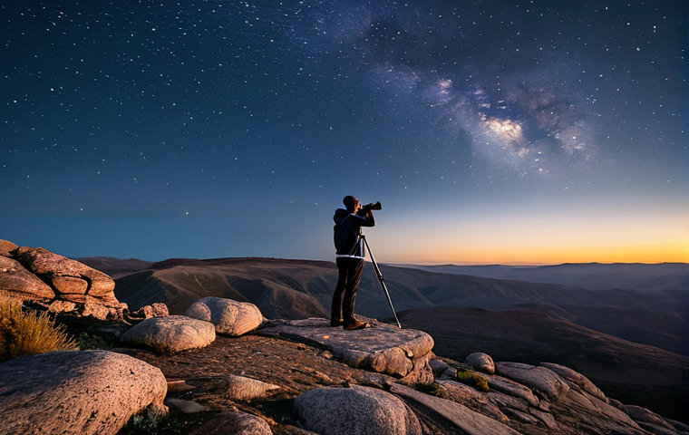 A contemplative adult person, fully clothed in modest, layered outdoor attire, stands with a tripod and binoculars on a rocky outcrop at Sunset Point. The scene is illuminated by the soft glow of a vast, star-filled night sky, showcasing the Milky Way. The atmosphere is peaceful and serene, with perfect anatomy, correct proportions, and natural pose. Well-formed hands, proper finger count, and natural body proportions are visible. A professional, high-quality photograph, safe for work, appropriate content, fully clothed, family-friendly.