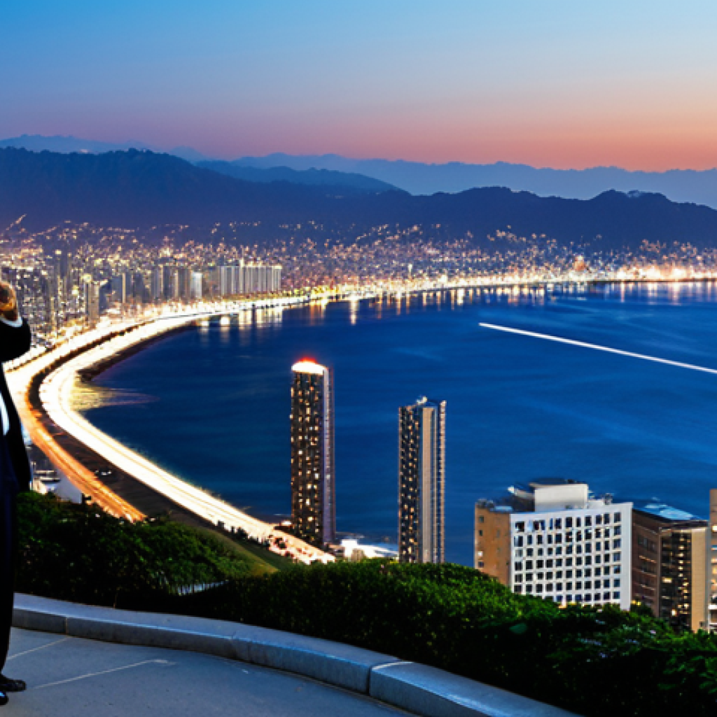 City Lights from Sunset Point**
"A panoramic view of a vibrant city skyline at night, seen from a coastal viewpoint. Skyscrapers twinkle with lights, and car headlights streak along streets below. Ocean reflects the city glow. Fully clothed people are observing the cityscape. Safe for work, appropriate content, professional photography, high quality, perfect anatomy, correct proportions, natural pose, well-formed hands, proper finger count, natural body proportions, fully clothed, modest attire."
**