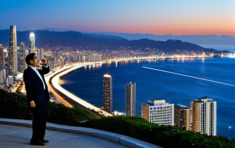 City Lights from Sunset Point**
"A panoramic view of a vibrant city skyline at night, seen from a coastal viewpoint. Skyscrapers twinkle with lights, and car headlights streak along streets below. Ocean reflects the city glow. Fully clothed people are observing the cityscape. Safe for work, appropriate content, professional photography, high quality, perfect anatomy, correct proportions, natural pose, well-formed hands, proper finger count, natural body proportions, fully clothed, modest attire."
**