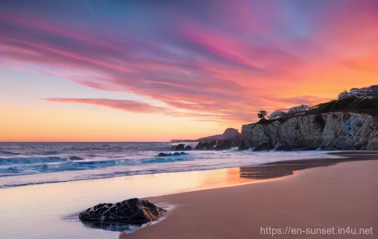 선셋포인트 여행자들의 추천 명소 - **A Secret Coastal Sunset Sanctuary:** A breathtaking, serene wide-angle shot of a hidden coastal su...