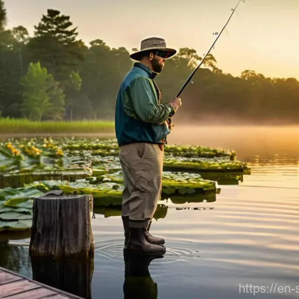 선셋포인트 낚시 명소 - **Image Prompt: Sunrise Largemouth Bass Fishing at Sunset Point**
A male angler, around 30-40 ye...