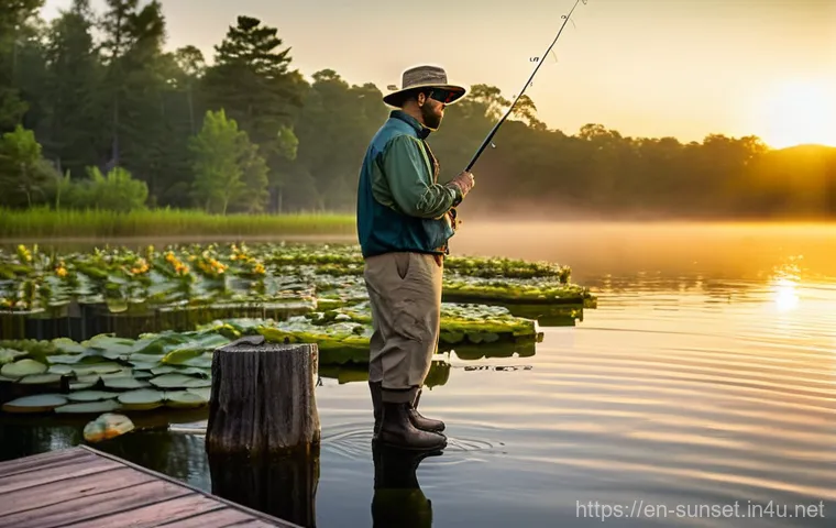선셋포인트 낚시 명소 - **Image Prompt: Sunrise Largemouth Bass Fishing at Sunset Point**
    A male angler, around 30-40 ye...