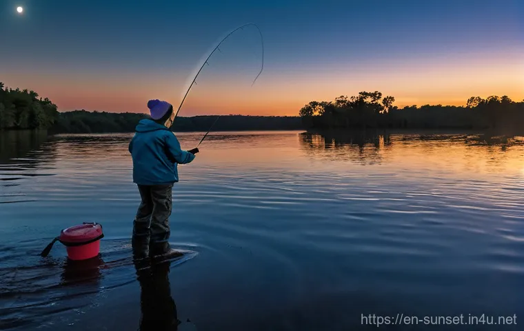 선셋포인트 낚시 명소 - **Image Prompt: Sunrise Largemouth Bass Fishing at Sunset Point**
    A male angler, around 30-40 ye...
