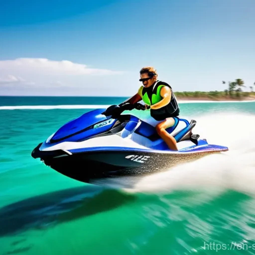 선셋포인트 해양 액티비티 - **High-Speed Jet Ski Thrill at Sunset Point:**
    A vibrant, dynamic shot of an athletic young adul...