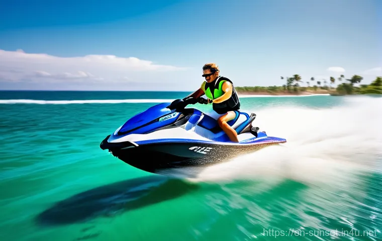 선셋포인트 해양 액티비티 - **High-Speed Jet Ski Thrill at Sunset Point:**
    A vibrant, dynamic shot of an athletic young adul...