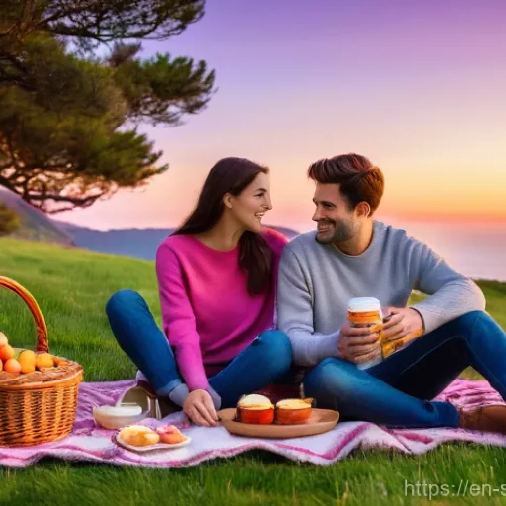 선셋포인트 로맨틱한 데이트 장소 - **Prompt:** A cozy and intimate sunset picnic for a couple on a secluded, grassy bluff overlooking a...