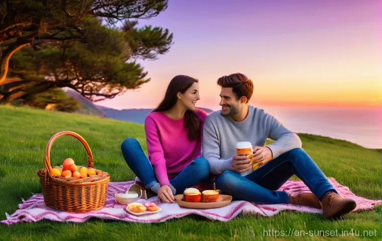 선셋포인트 로맨틱한 데이트 장소 - **Prompt:** A cozy and intimate sunset picnic for a couple on a secluded, grassy bluff overlooking a...