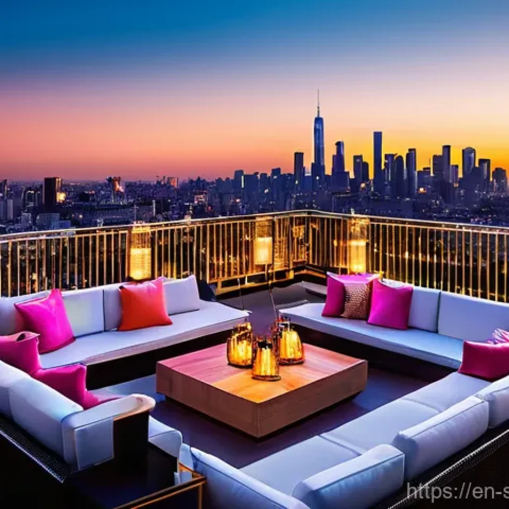 선셋포인트 대도시에서의 일몰 - **Elevated Urban Panorama: Chic Rooftop Bar at Golden Hour**
A vibrant, high-end rooftop bar at ...