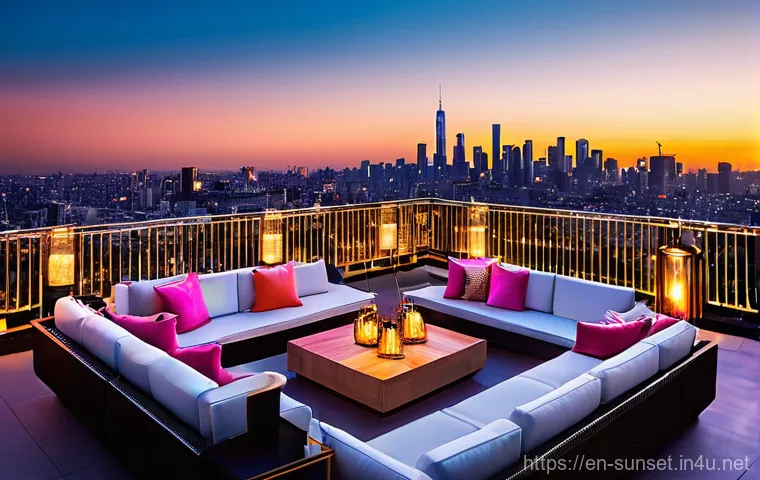 선셋포인트 대도시에서의 일몰 - **Elevated Urban Panorama: Chic Rooftop Bar at Golden Hour**
A vibrant, high-end rooftop bar at ...