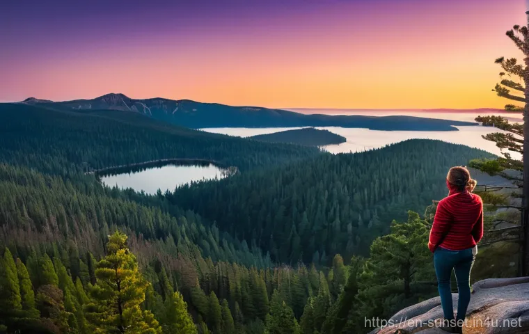 선셋포인트 도시의 일몰 - **Prompt: The Whispering Pines Overlook at Golden Hour**
    A wide-angle landscape shot of a person...