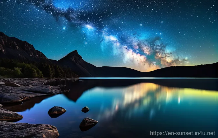선셋포인트 야경 촬영 팁 - 8). The background showcases a breathtaking panorama of the Milky Way galaxy, stretching across a da...