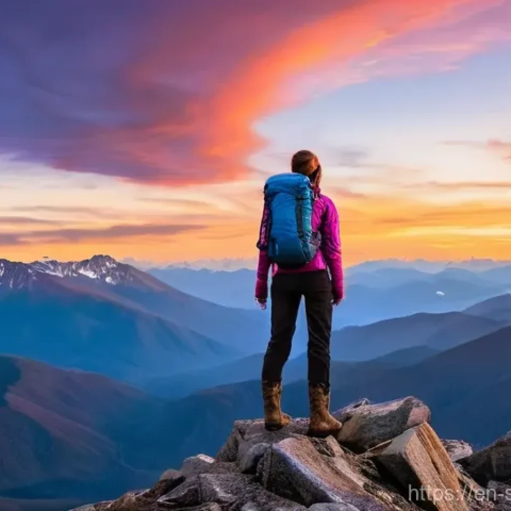 선셋포인트 트레킹으로 가는 길 - **Prompt:** A solo female hiker stands confidently on a rocky mountain summit, her back slightly to ...