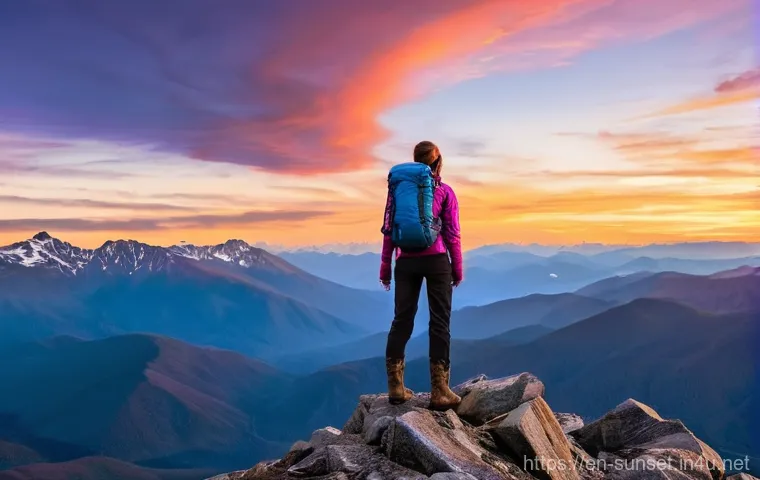 선셋포인트 트레킹으로 가는 길 - **Prompt:** A solo female hiker stands confidently on a rocky mountain summit, her back slightly to ...