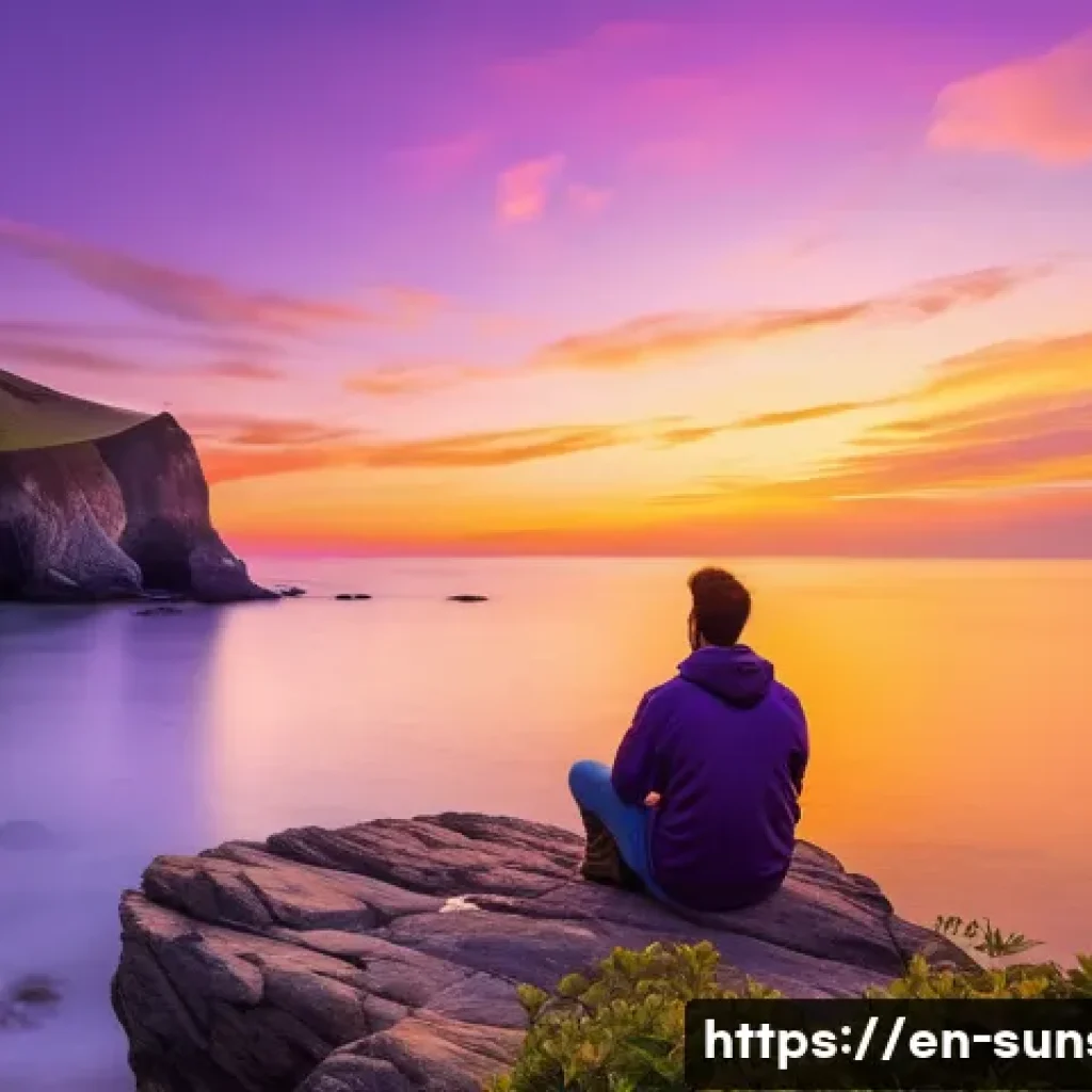선셋포인트 명소에 대한 팁 - A serene hidden coastal cove at sunset, featuring a calm sea reflecting vibrant hues of amber, pink,...