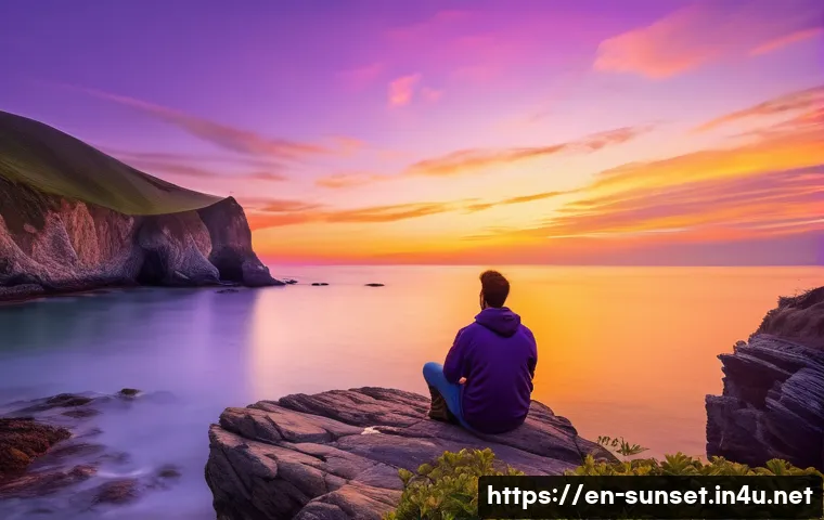 선셋포인트 명소에 대한 팁 - A serene hidden coastal cove at sunset, featuring a calm sea reflecting vibrant hues of amber, pink,...
