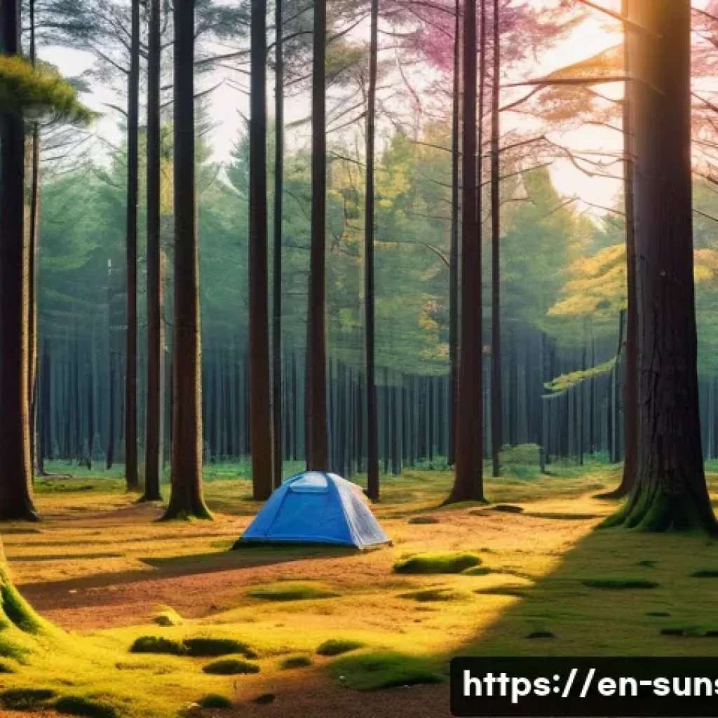선셋포인트 숲속에서 보는 일몰 - A serene forest clearing at sunset with soft, warm golden light filtering through tall pine and deci...
