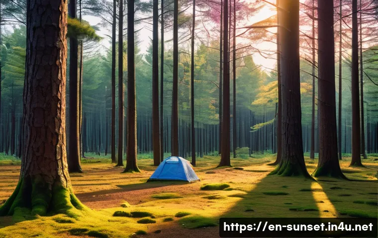 선셋포인트 숲속에서 보는 일몰 - A serene forest clearing at sunset with soft, warm golden light filtering through tall pine and deci...