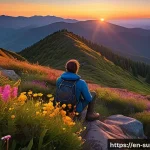 선셋포인트 여행 팁 - A serene, secluded sunset scene at a hidden clearing on an east ridge trail, featuring a small group...