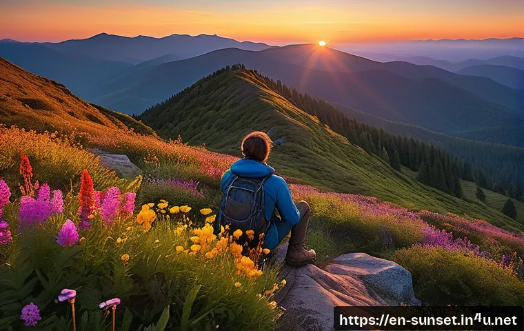 선셋포인트 여행 팁 - A serene, secluded sunset scene at a hidden clearing on an east ridge trail, featuring a small group...