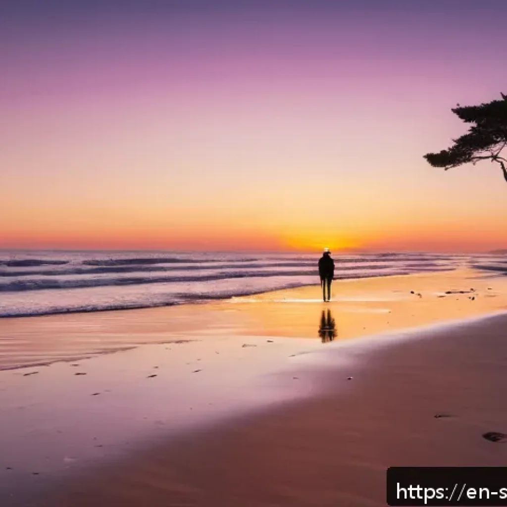 선셋포인트 인생샷 찍기 - A serene beach scene during the golden hour just before sunset, featuring a wide-angle view with sof...