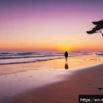 선셋포인트 인생샷 찍기 - A serene beach scene during the golden hour just before sunset, featuring a wide-angle view with sof...