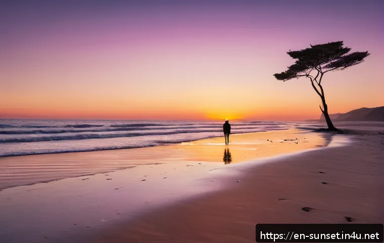 선셋포인트 인생샷 찍기 - A serene beach scene during the golden hour just before sunset, featuring a wide-angle view with sof...