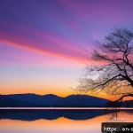 선셋포인트 사진 잘 찍는 법 - A breathtaking wide-angle landscape of a serene lakeside at sunset during golden hour, featuring vib...