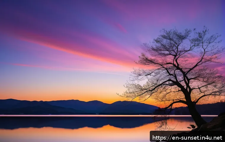 선셋포인트 사진 잘 찍는 법 - A breathtaking wide-angle landscape of a serene lakeside at sunset during golden hour, featuring vib...