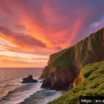 선셋포인트 일몰 시각 예보 사이트 - A serene coastal cliff at golden hour with vibrant orange, pink, and red hues illuminating the sky, ...