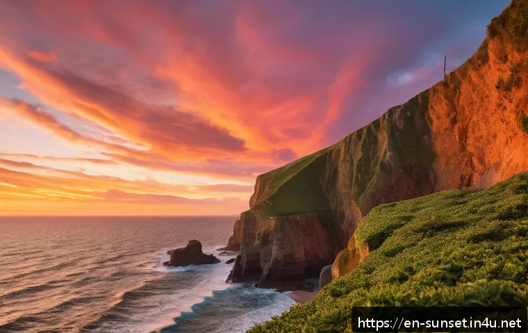 선셋포인트 일몰 시각 예보 사이트 - A serene coastal cliff at golden hour with vibrant orange, pink, and red hues illuminating the sky, ...