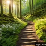 선셋포인트 자연 풍경 - A serene late afternoon hiking trail winding through dense green forest with rugged terrain, golden ...