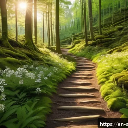 선셋포인트 자연 풍경 - A serene late afternoon hiking trail winding through dense green forest with rugged terrain, golden ...