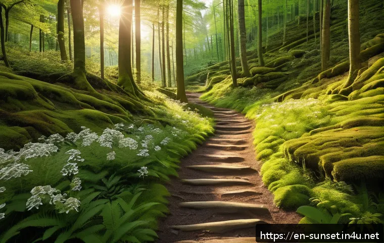 선셋포인트 자연 풍경 - A serene late afternoon hiking trail winding through dense green forest with rugged terrain, golden ...