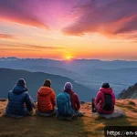 선셋포인트 산정상에서의 일몰 - A serene mountain summit at sunset featuring a diverse group of hikers settling into their chosen sp...