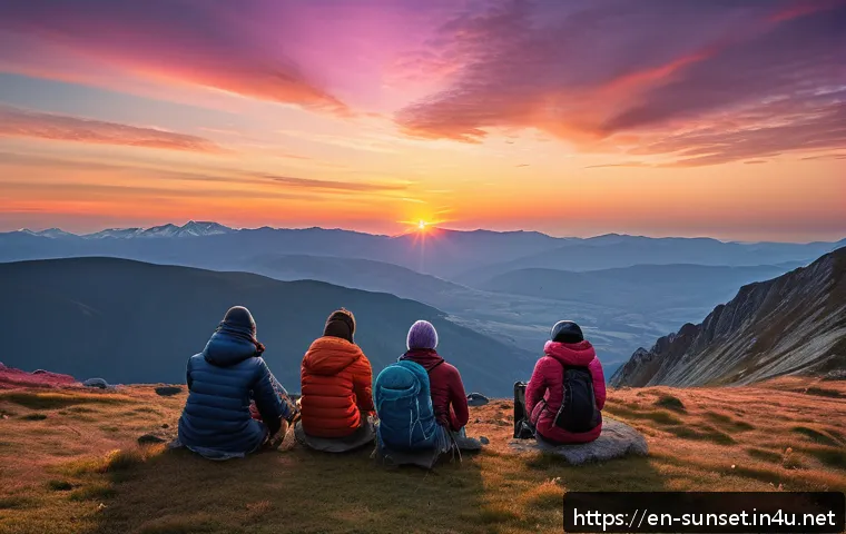 선셋포인트 산정상에서의 일몰 - A serene mountain summit at sunset featuring a diverse group of hikers settling into their chosen sp...