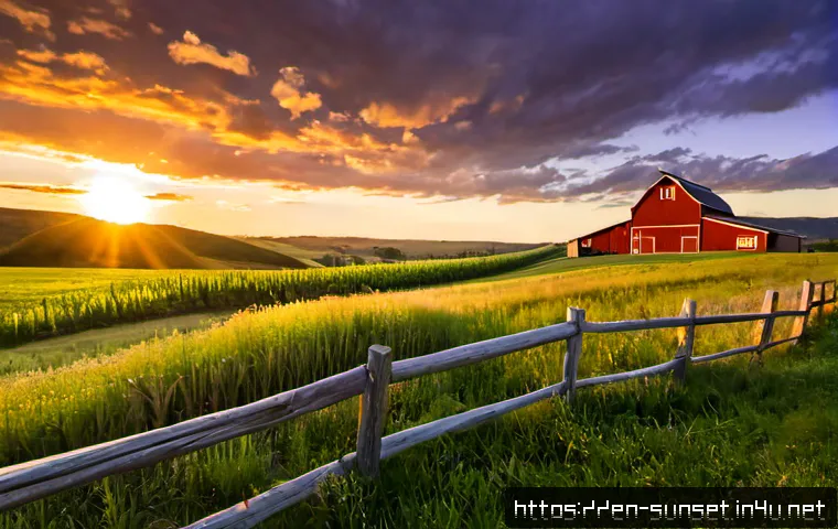 Home 17 선셋포인트 농촌에서 보는 일몰 - Photorealistic wide landscape of a peaceful American countryside at sunset, golden sun lowering behi...