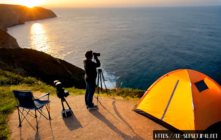 선셋포인트 캠핑과 함께 하는 사진 촬영 - Photorealistic wide-angle scene of a couple photographing a dramatic sunset from a scenic coastal ca...