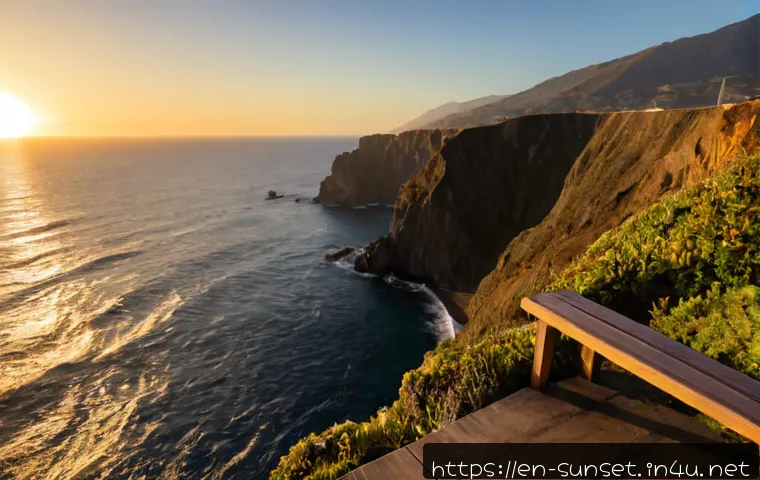 선셋포인트 일몰 시간 - Photorealistic wide view from a peaceful coastal sunset lookout, low sun touching the Pacific Ocean ...
